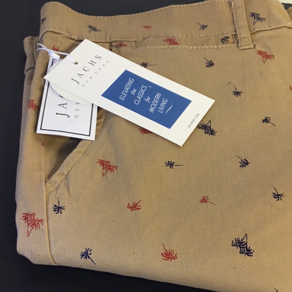 Men’s Tan Embroidered Flat-Front Shorts